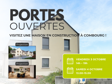 Découvrez nos Portes Ouvertes les 3 et 4 octobre à Combourg ! Visitez une maison de 95 m² en construction, échangez avec nos commerciaux et explorez les terrains disponibles dans le lotissement La Croix Chenot. Événement ouvert à tous.